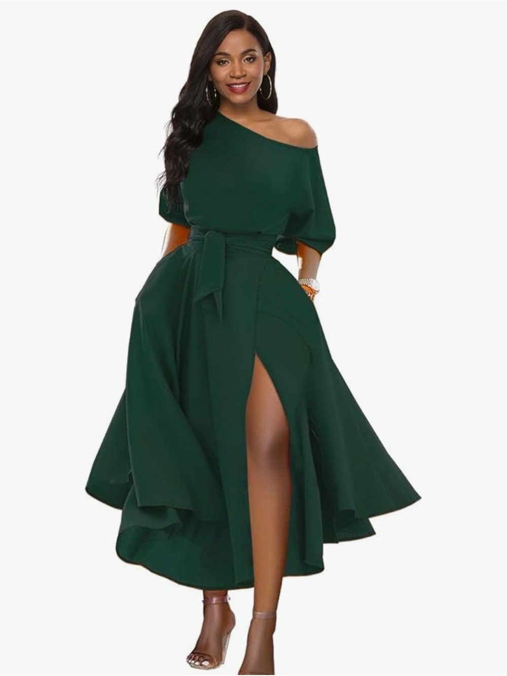One-Shoulder Emerald Green Midi Dress with Waist Tie